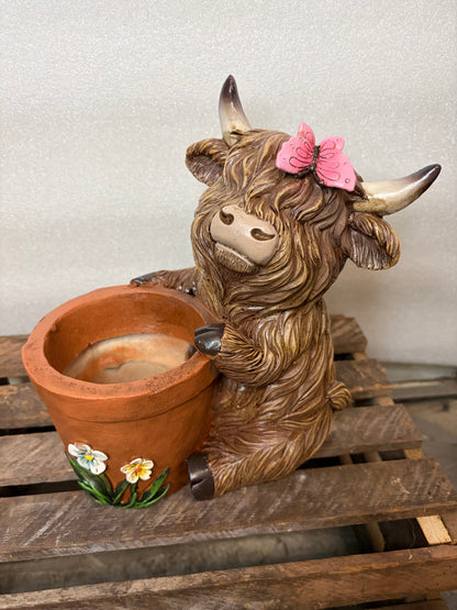 Highland Cow Planter with Butterfly on head