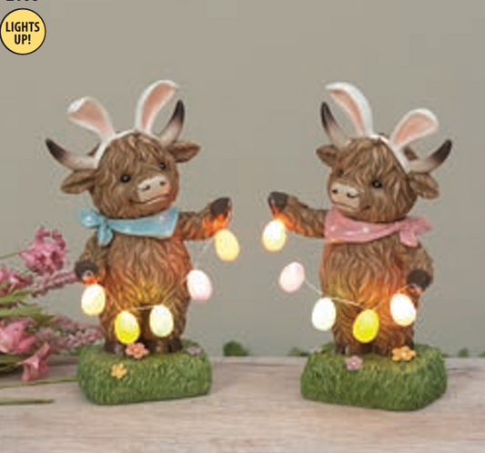 AVAILABLE TO SHIP NOW! Lighted Easter Highland Cow SET OF 2