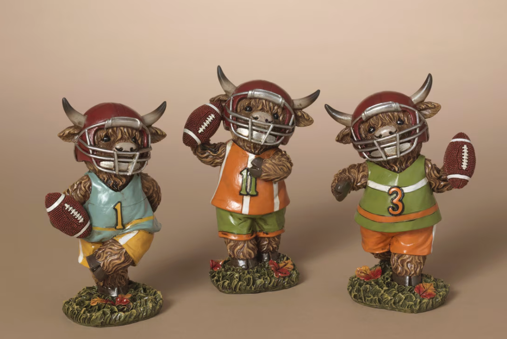 PREORDER ONLY 6.1"H Resin Highland Cow Football Player SET OF 3