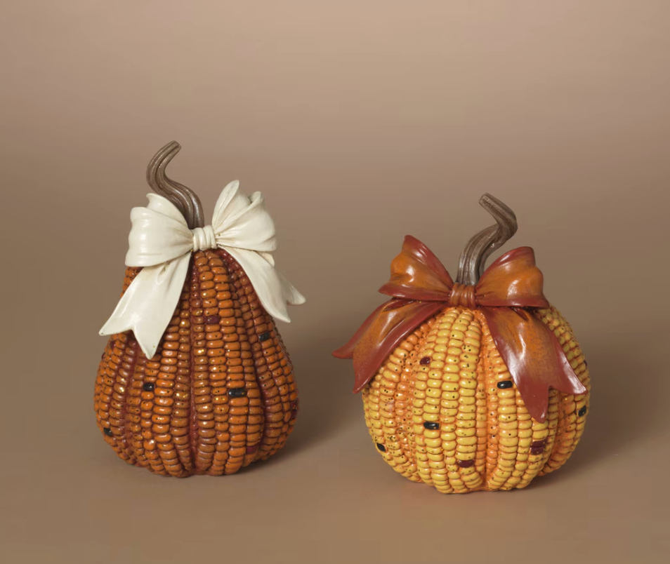 PREORDER ONLY 6.89"H Resin Harvest Corn Pumpkin w/ Bow SET OF 2