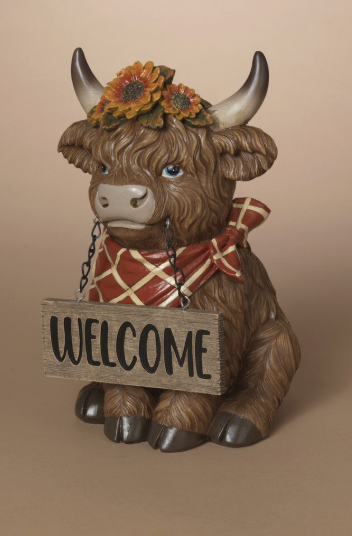 PREORDER ONLY 12.2"H Resin Harvest Highland Cow w/ Welcome Sign