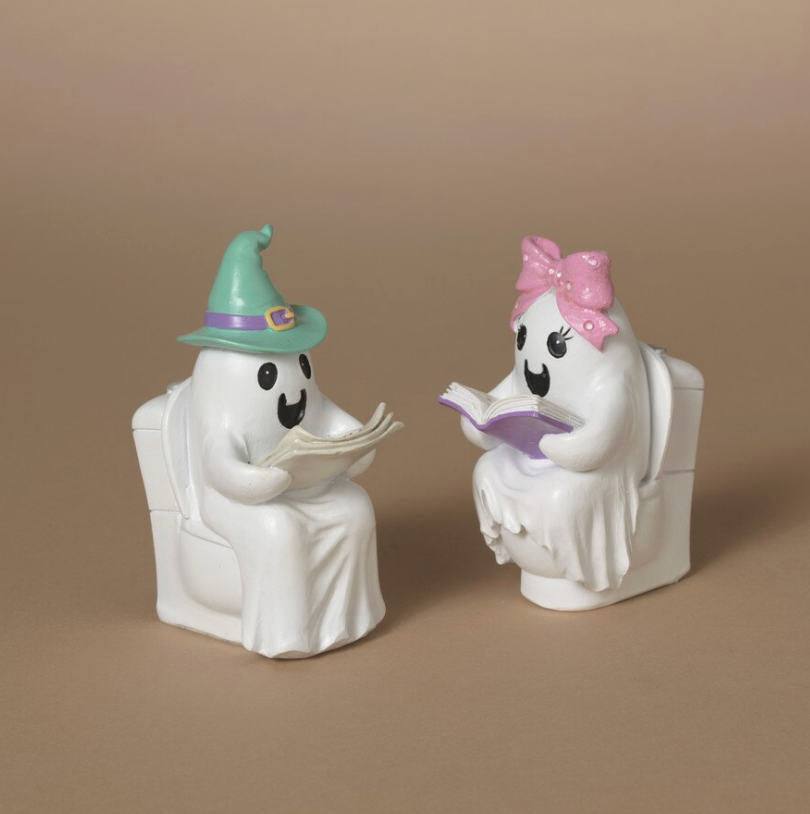 3"H Resin Halloween Reading Ghost Sitting on Toilet SET OF 2
