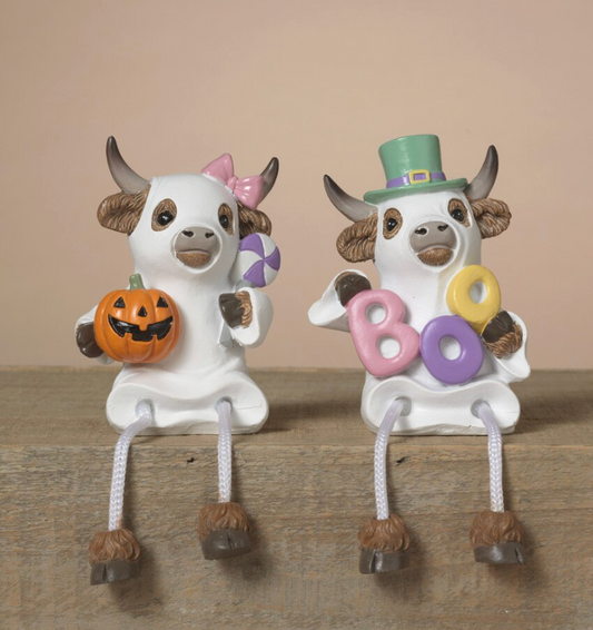 PREORDER ONLY 3.94"H Resin Halloween Highland Cow Ghost Shelf Sitter SET OF 2