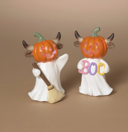PREORDER 6"H B/O Lighted Resin Highland Cow Ghost w/ Pumpkin Head & Timer SET OF 2