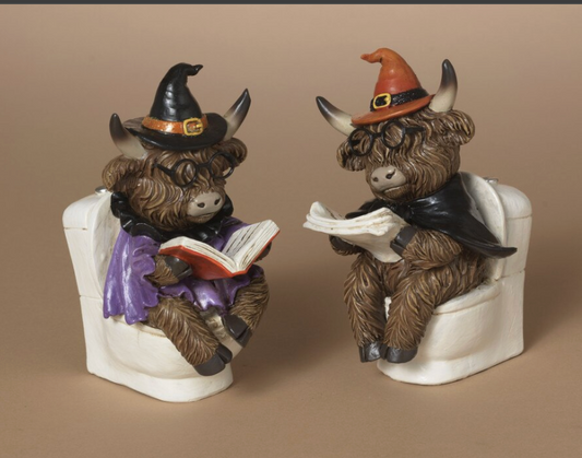 PREORDER ONLY 5.7"H Resin Halloween Reading Highland Cow Sitting on Toilet SET OF 2
