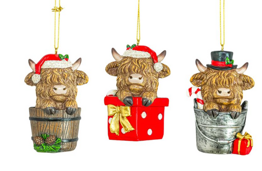 PREORDER ONLY Bucket Gift Box Highland Cow Ornament SET OF 3