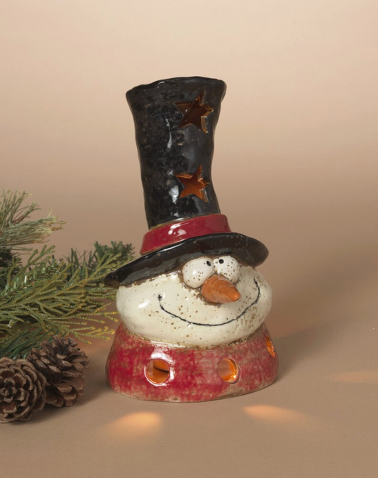 PREORDER ONLY 7.2"H Stoneware Holiday Snowman Candleholder w/ Wax Tealight