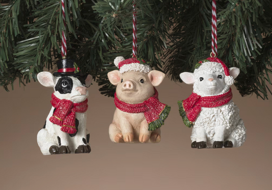 PREORDER 2.9"H Resin Holiday Farm Animal Ornament SET OF 3