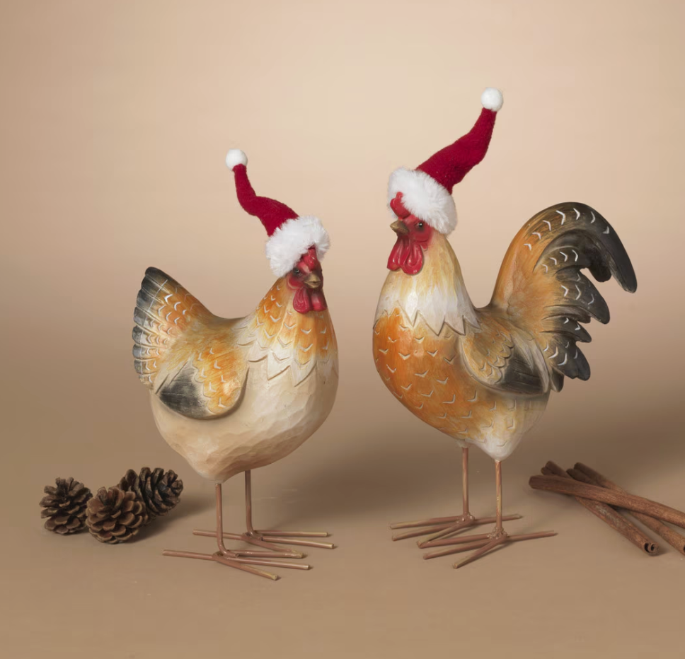 PREORDER ONLY 9.45"H Resin Holiday Hen & Rooster w/ Hat SET OF 2