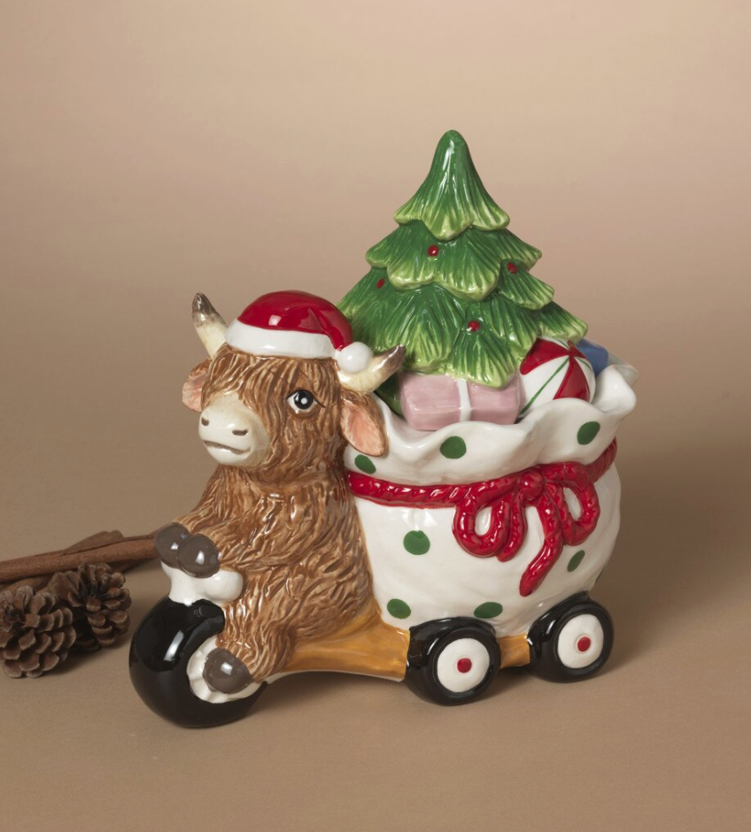 PREORDER ONLY 8.58"L Ceramic Holiday Highland Cow Design Cookie Jar