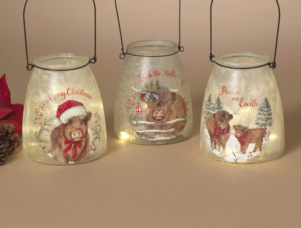 PREORDER ONLY 5.9"H B/O Lighted Frosted Glass Highland Cow Design Luminaries SOLD. INDIVIDUALLY
