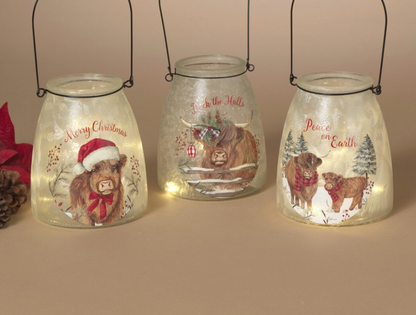 PREORDER ONLY 5.9"H B/O Lighted Frosted Glass Highland Cow Design Luminaries SOLD. INDIVIDUALLY