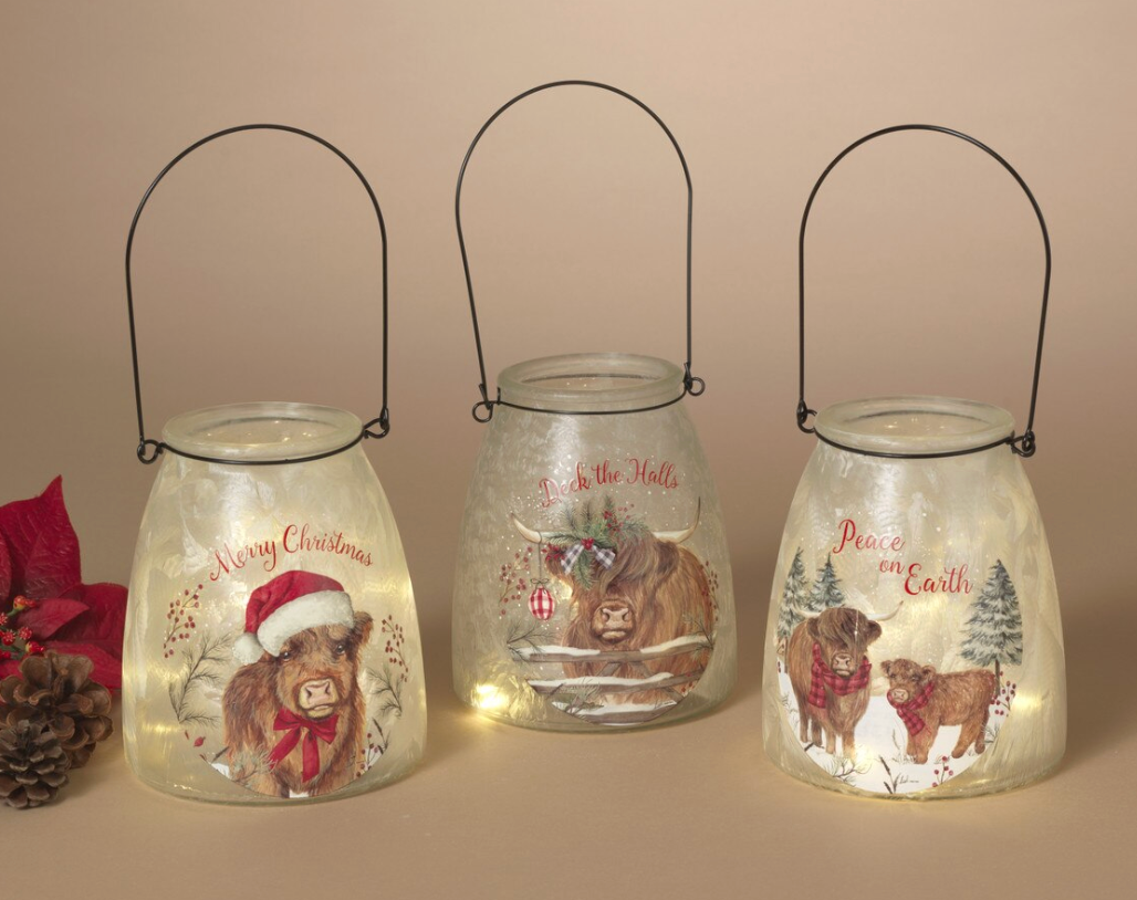 PREORDER ONLY 5.9"H B/O Lighted Frosted Glass Highland Cow Design Luminaries SOLD. INDIVIDUALLY