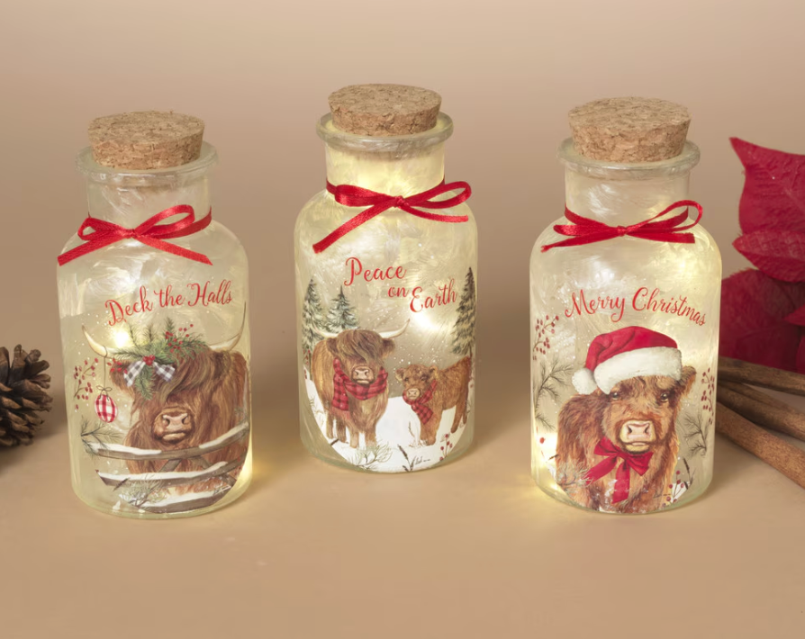 PREORDER ONLY 5.3"H B/O Lighted Frosted Glass Highland Cow Design Bottle SOLD INDIVIDUALLY