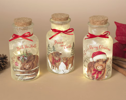PREORDER ONLY 5.3"H B/O Lighted Frosted Glass Highland Cow Design Bottle SOLD INDIVIDUALLY