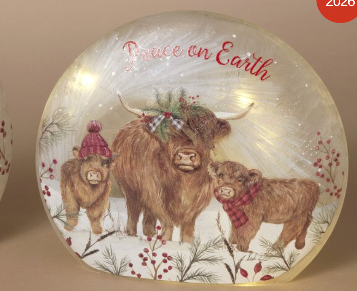 PREORDER ONLY 7.3"L B/O Lighted Frosted Glass Highland Cow Design Luminary w/ Timer SOLD INDIVIDUALLY