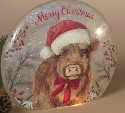 PREORDER ONLY 7.3"L B/O Lighted Frosted Glass Highland Cow Design Luminary w/ Timer SOLD INDIVIDUALLY