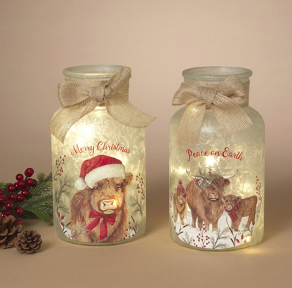 PREORDER ONLY 9.8"H B/O Lighted Frosted Glass Highland Cow Design Luminary w/ Timer SOLD INDIVIDUALLY