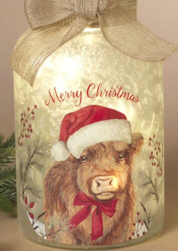 PREORDER ONLY 9.8"H B/O Lighted Frosted Glass Highland Cow Design Luminary w/ Timer SOLD INDIVIDUALLY
