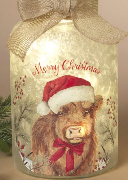 PREORDER ONLY 9.8"H B/O Lighted Frosted Glass Highland Cow Design Luminary w/ Timer SOLD INDIVIDUALLY
