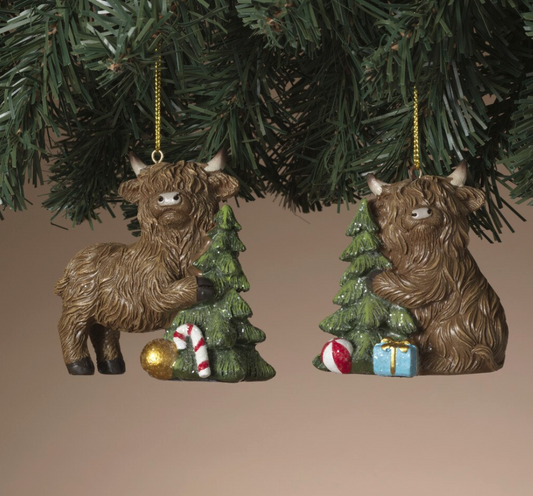 PREORDER ONLY 3.15"H Resin Holiday Highland Cow Ornament SET OF 2
