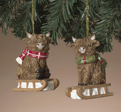 PRERORDER ONLY 3.35"H Resin Holiday Highland Cow Ornament SET OF 2