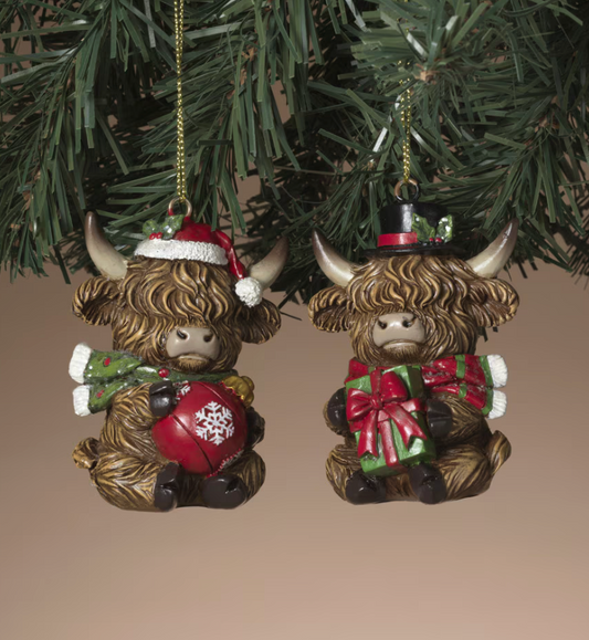 PREORDER ONLY 2.95"H Resin Holiday Highland Cow Ornament SET OF 2
