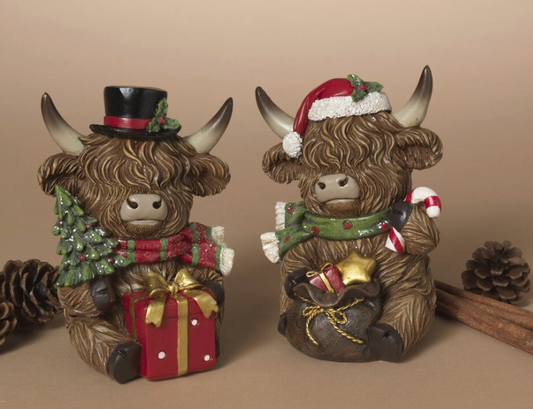 PREORDER ONLY 5.31"H Resin Holiday Highland Cow SET OF 2