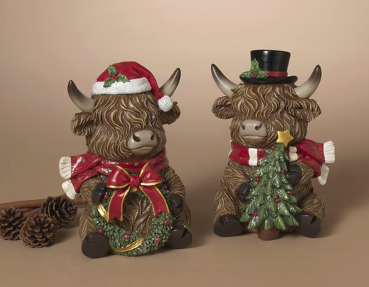 PREORDER ONLY 7.68"H Resin Holiday Highland Cow SET OF 2