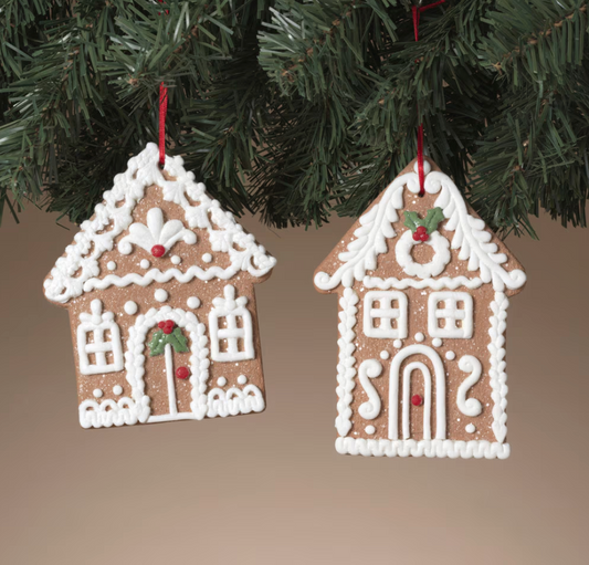 PREORDER ONLY 5"H Clay Dough Holiday Gingerbread House Ornament SET OF 2