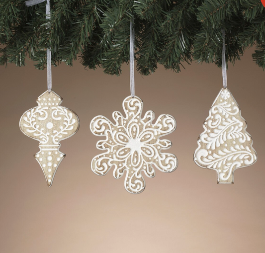 PREORDER ONLY 5.91"H Wood Engraved Holiday Ornament w/ Glitter Accent SET OF 3