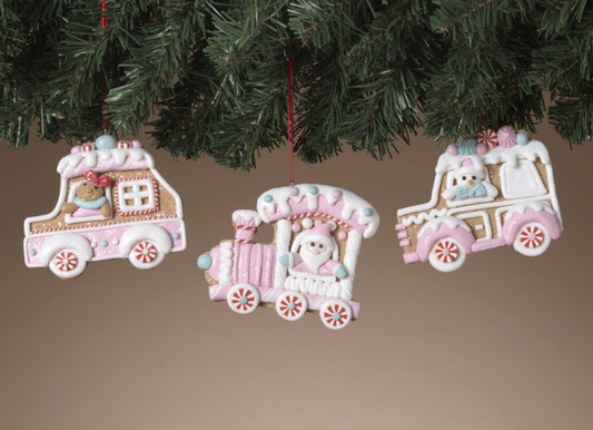 PREORDER ONLY 4"H Clay Dough Holiday Truck & Train Ornament SET OF 3