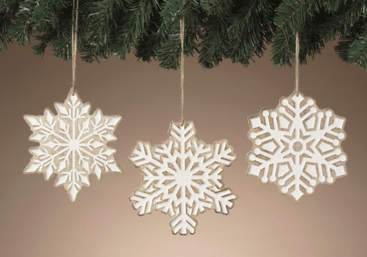 PREORDER ONLY 5.91"H Wood Engraved Holiday Snowflake Ornament w/ Glitter SET OF 3