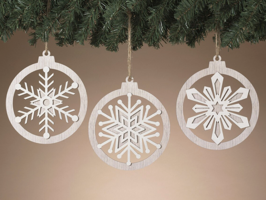 PREORDER ONLY 7.87"H Wood Holiday Snowflake Design Ornament SET OF 3