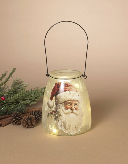 PREORDER ONLY 5.9"H B/O Lighted Frosted Glass Santa Design Luminary