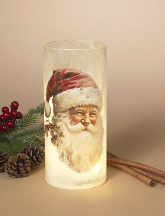 PREORDER ONLY 7.9"H B/O Lighted Frosted Glass Santa Cylinder Luminary w/ Timer