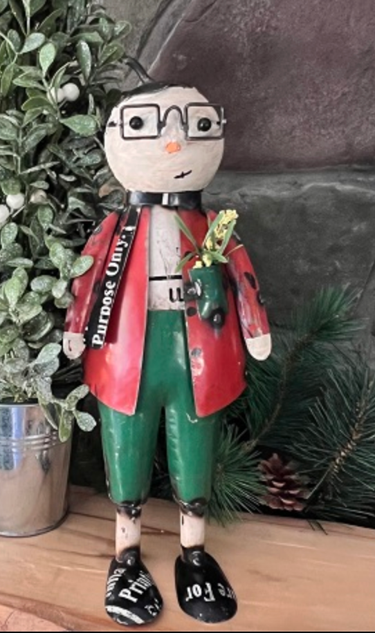 Recycled Metal Snowman with Square Glasses PREORDER ONLY
