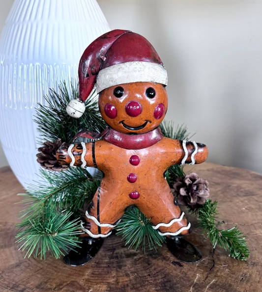 Recycled Metal Gingerbread Man With Santa Hat PREORDER