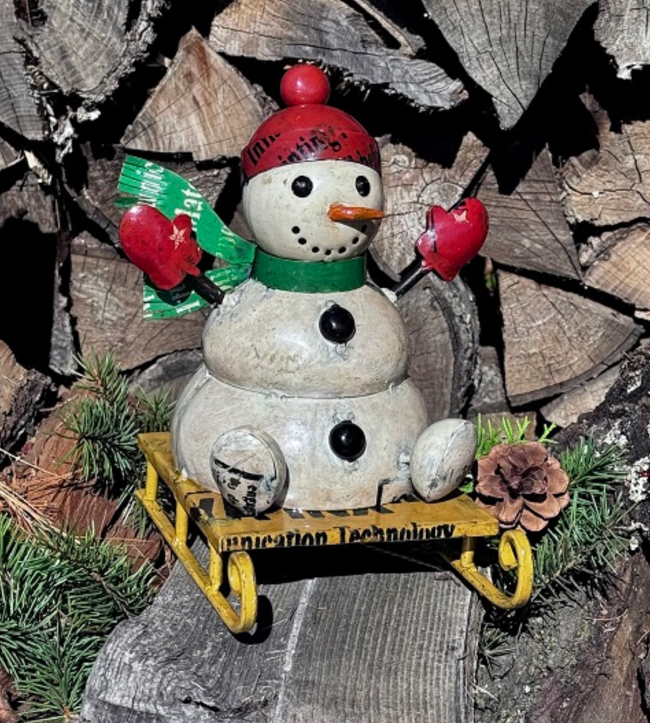 Recycled Snowman Mr. McFlurry Snowman on a Sled PREORDER ONLY
