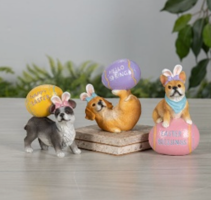 PREORDER ONLY 4.72" H Resin Easter Dog With Egg set of 3