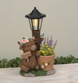 PREORDER ONLY 15.55"H Resin Highland Cow Planter w/ Solar Lighted Streetlamp