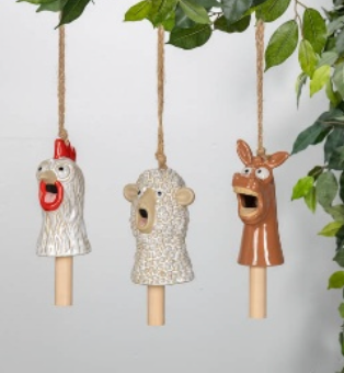 PREORDER ONLY 6.46"H Ceramic Farm Animal Wind Chimes SET OF 3