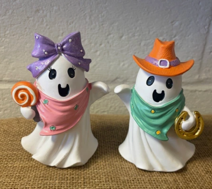 Halloween Ghost Figurines Set of 2 w/ Candy & Hat, resin