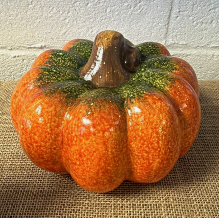 Ceramic Pumpkin Figurine Seasonal Glossy Freestanding Orange Green Brown