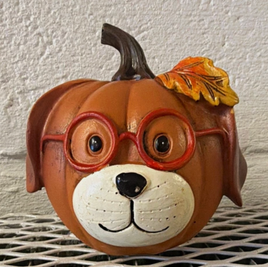 Halloween Pumpkin Dog Figurine with Glasses Freestanding Brown White Orange