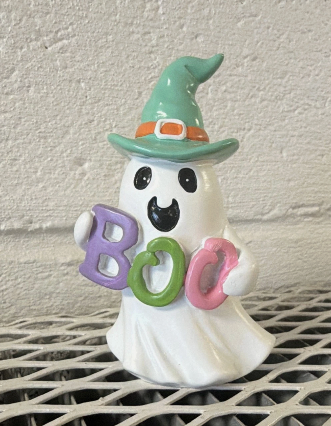 Halloween BOO Ghost Figurine w/ Green Witch Hat, Hand Painted Ceramic, Glossy