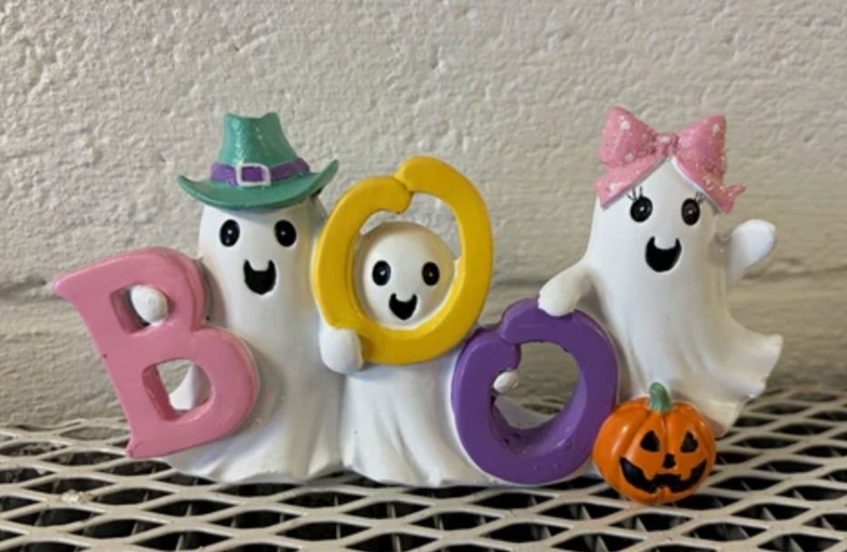 Halloween BOO Ghost Figurine w/ Pumpkin, Multicolor Resin