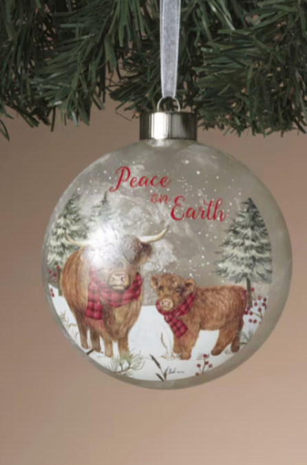 PREORDER ONLY 4.1"H Frosted Glass Highland Cow Design Ornament SOLD INDIVIDUALLY