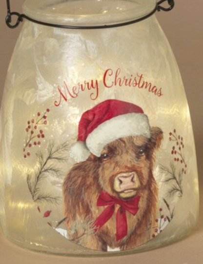 PREORDER ONLY 5.9"H B/O Lighted Frosted Glass Highland Cow Design Luminaries SOLD. INDIVIDUALLY