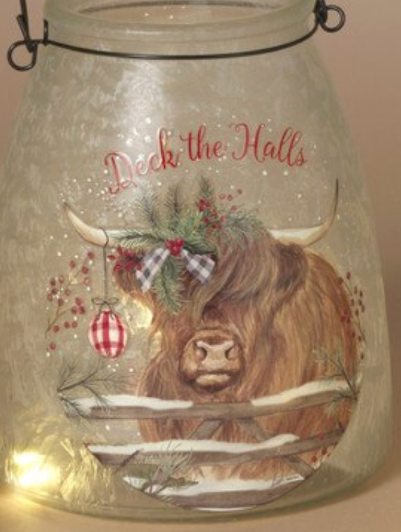 PREORDER ONLY 5.9"H B/O Lighted Frosted Glass Highland Cow Design Luminaries SOLD. INDIVIDUALLY